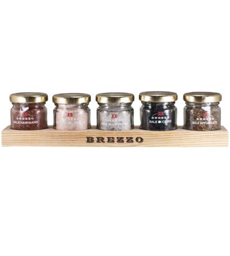 Dárkový set 5 světových solí na dřevěném podstavci (Brezzo)